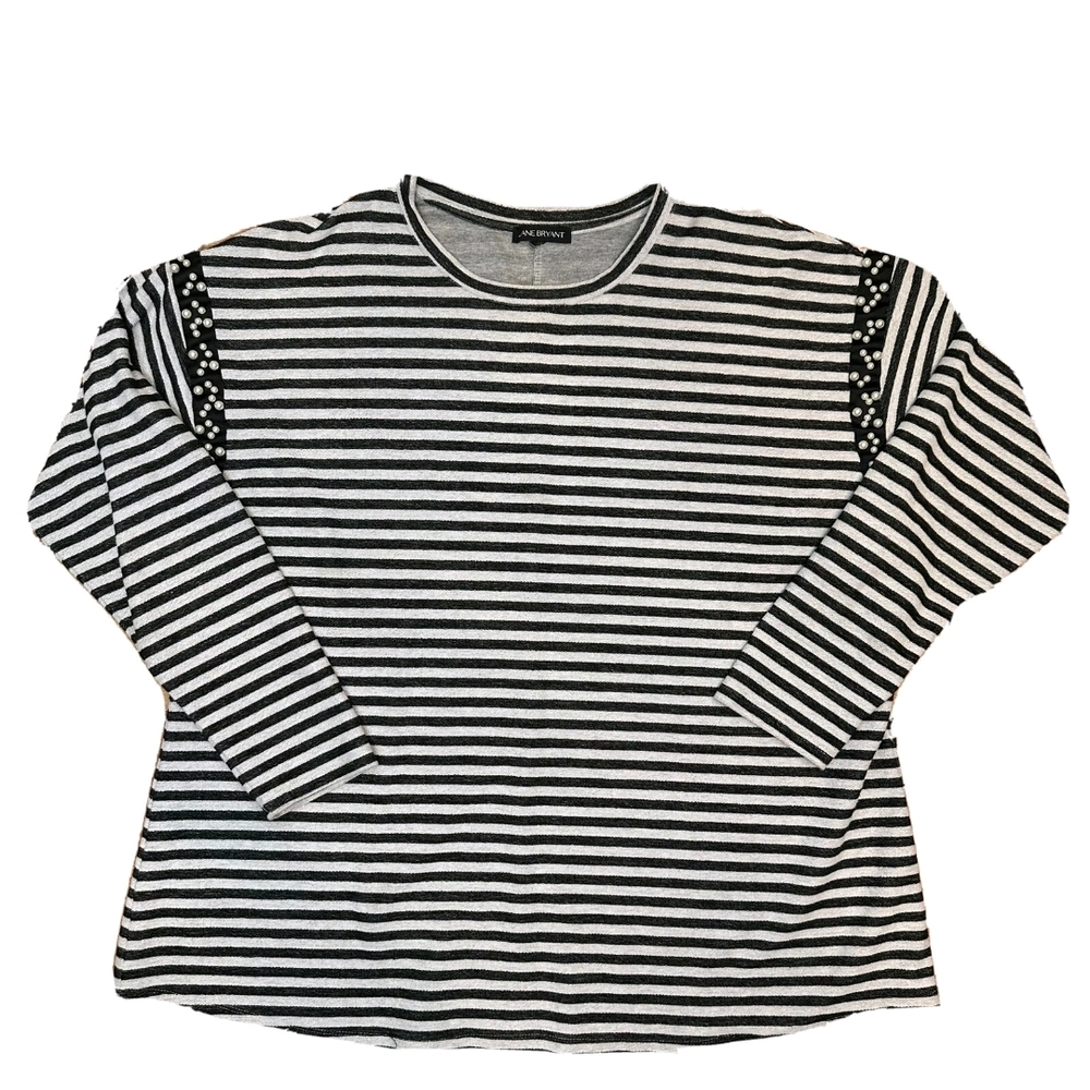Lane Bryant Top Gray Black Stripe With Pearl Accent Long Sleeve Plus Size 22/24